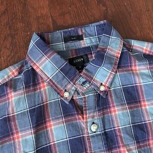 J Crew Medium Slim Fit Shirt Red Blue Green Plaid 100% Cotton Button Down Casual